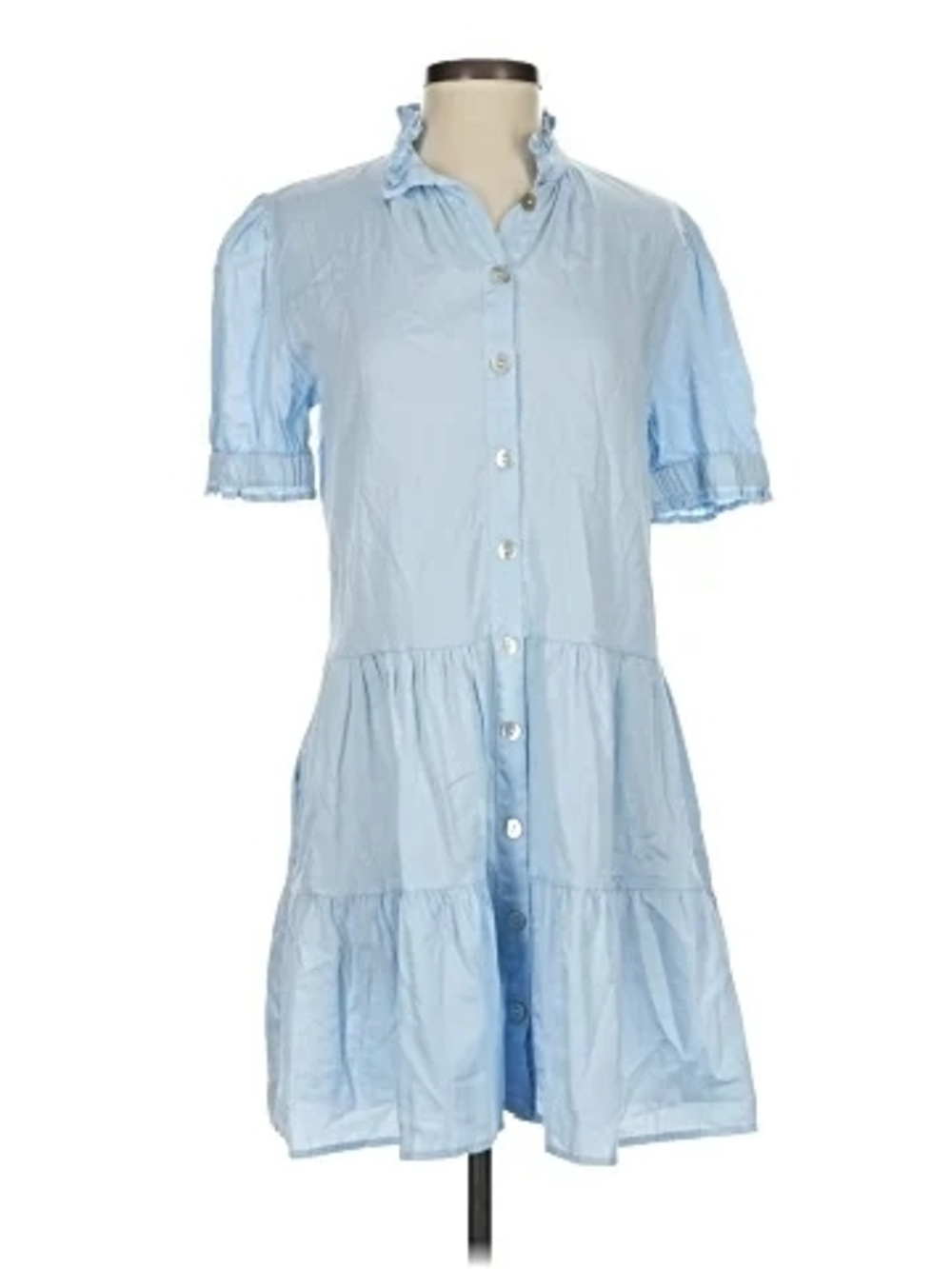 Light Blue Short Sleeve Tiered Shirt Dress - Classic Summer Mini